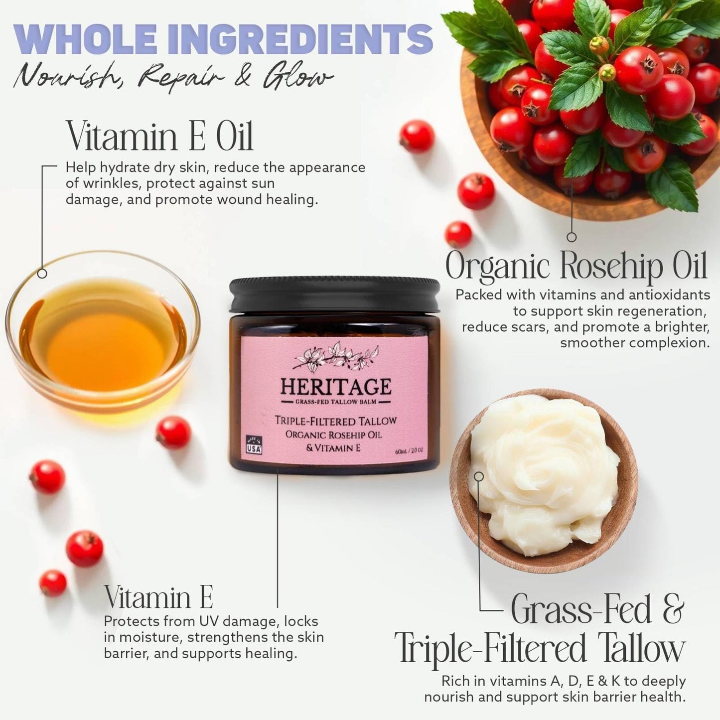 Whipped Tallow Balm with Rosehip Oil - Made with Organic Ingredients