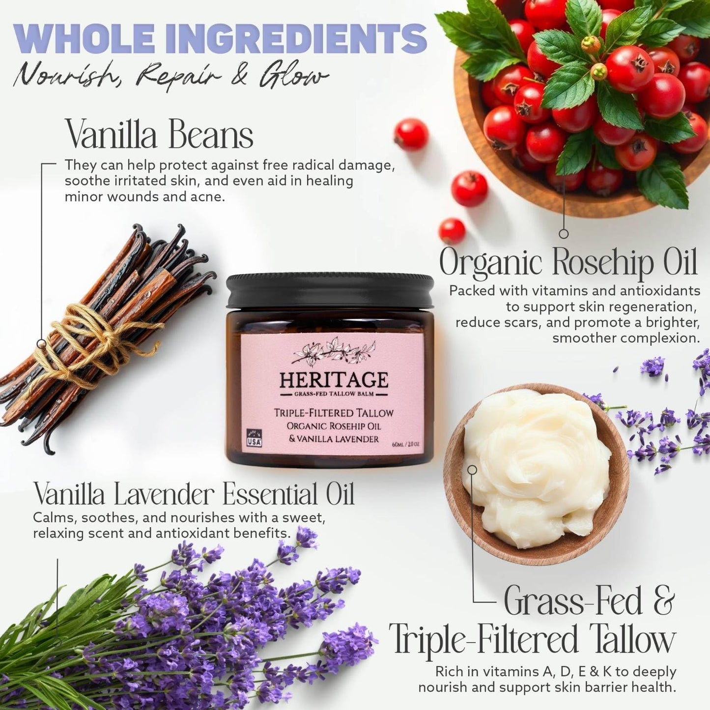 Whipped Tallow Balm with Rosehip Oil - Made with Organic Ingredients